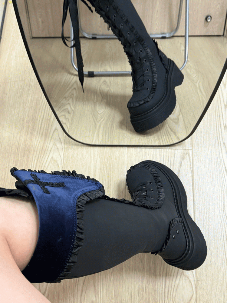 Blue Gothic Boots Trim Inner Lace-up Closure Zip with Front Ruffle Regular/Thicken Black Platform Version Ties