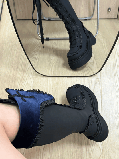 Blue Gothic Boots Trim Inner Lace-up Closure Zip with Front Ruffle Regular/Thicken Black Platform Version Ties