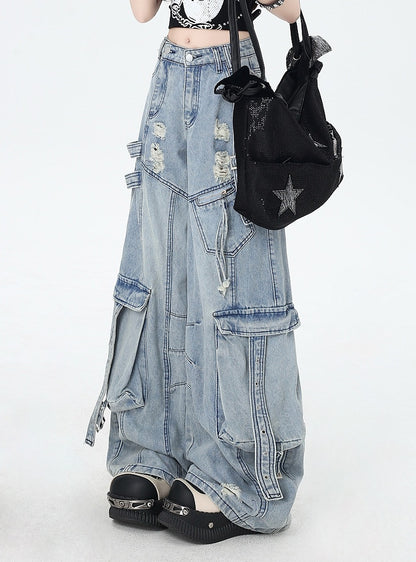 Rise Distressed Holes Jeans Blau Weites Bein Cargo Niedrig