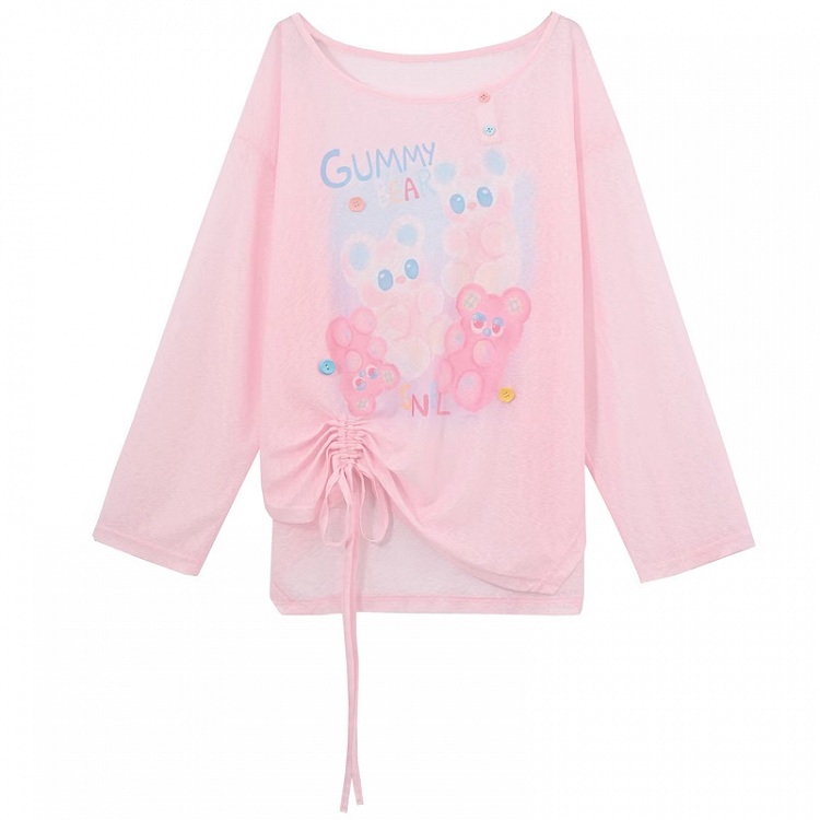 ブルー/ピンクのキュートなセミシースルーヘムの漫画プリントドローストリングトップス