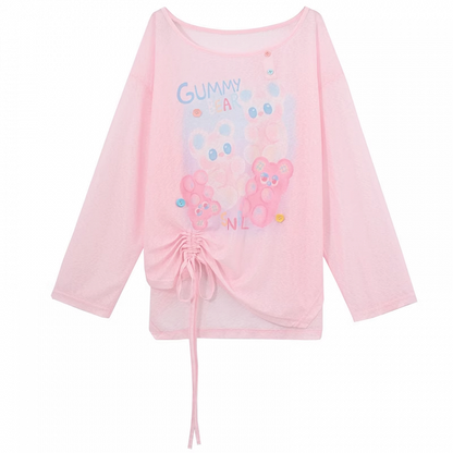 ブルー/ピンクのキュートなセミシースルーヘムの漫画プリントドローストリングトップス