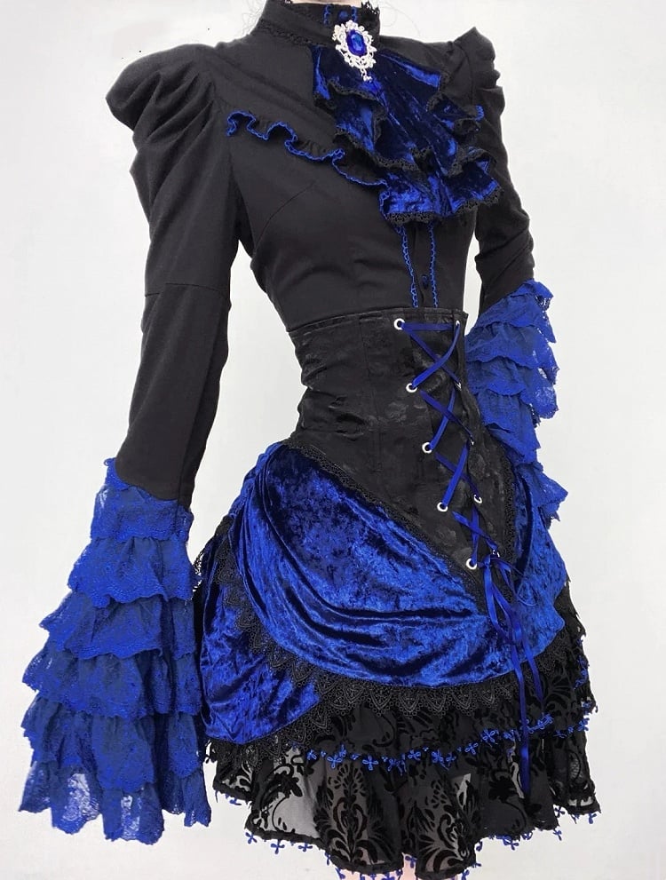 Lolita Skirt Waist Sleeves and Boned Blue Tie Jabot Gothic Long + Black Full - Shirt Hat Mini Klein Set Bell High
