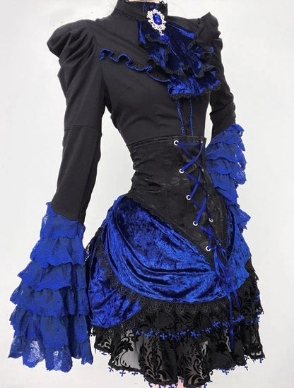 Lolita Skirt Waist Sleeves and Boned Blue Tie Jabot Gothic Long + Black Full - Shirt Hat Mini Klein Set Bell High