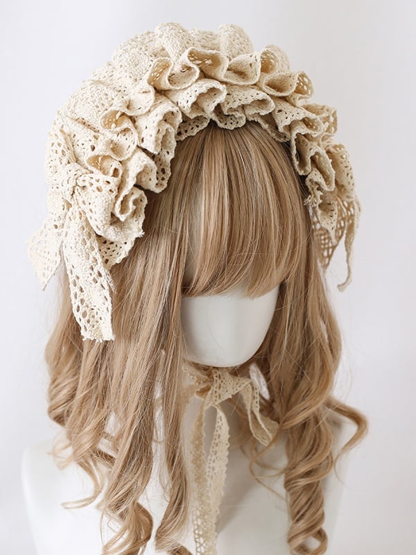 White Cotton / Beige Black Lace Hairband Sweet Lolita Doll-Style