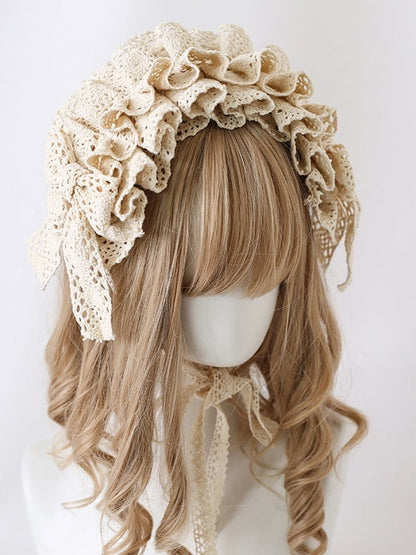White Cotton / Beige Black Lace Hairband Sweet Lolita Doll-Style