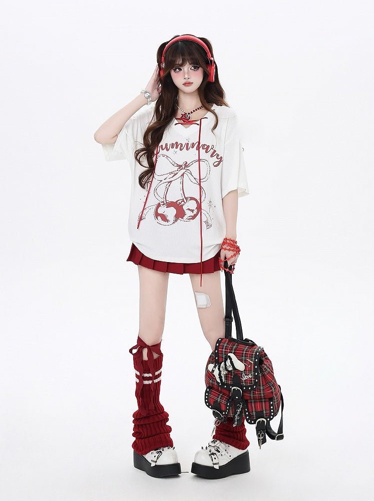 Print T-Shirt with V-Neck Lace-up Neckline Black/White Cherry Detail