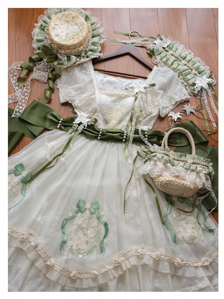 Beige Classic Lolita Long Dress Set with Embroidery & Lace Layers - Lunar Radiance
