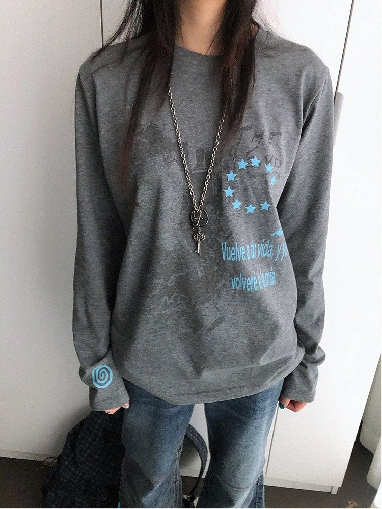 Y2K Gray Crew-Neck Long-Sleeved Loose Tee with Distressed Graphic - innomoood