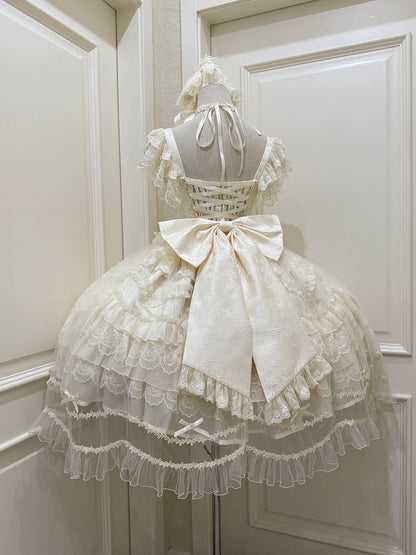 Gentle Apricot Details Lolita Lace Bows Multi-Layer with Dress Hanayome-Style Rhinestone JSK