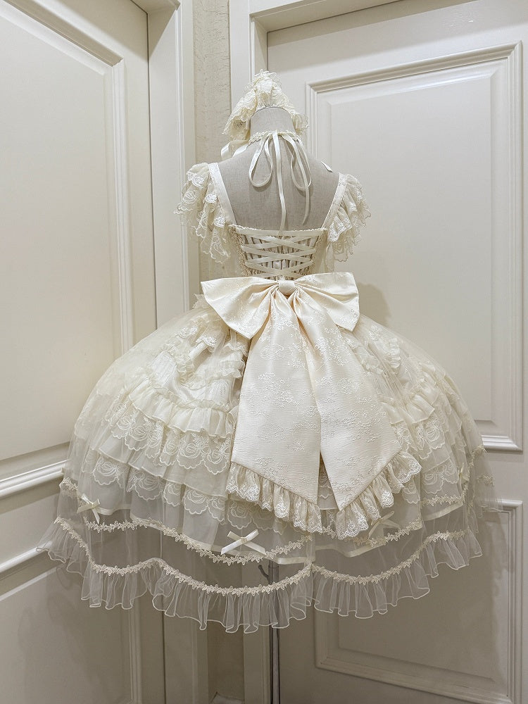 Bows Hanayome-Style Dress with + Apricot Rhinestone Full Details Gentle Lolita Overlay Set Multi-Layer / JSK Lace