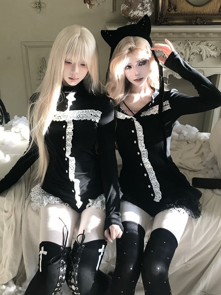 and High Goth Sleeve - Front Long White with Button Black Frill Accents Neck Top Dot