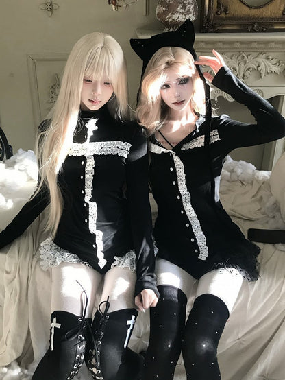 and High Goth Sleeve - Front Long White with Button Black Frill Accents Neck Top Dot