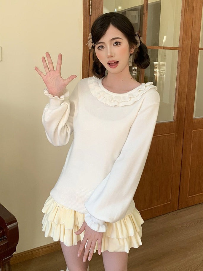 White Sweet Long Sleeve Blouse with Ruffle Cuffs and Neckline - Lan Jian Chuan