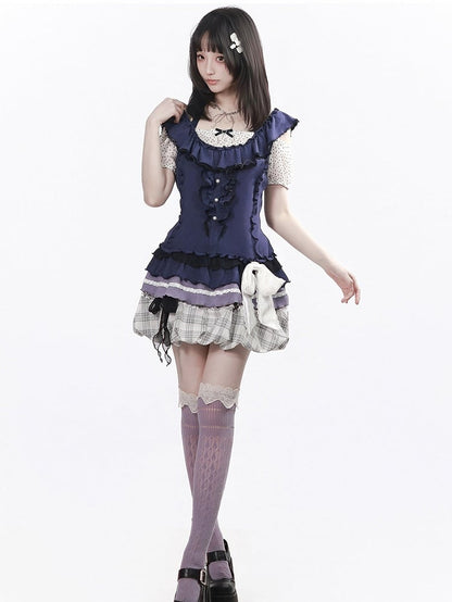 Dark Blue Polka Dot Puff Sleeve Top with Bow - PINK SAVIOR