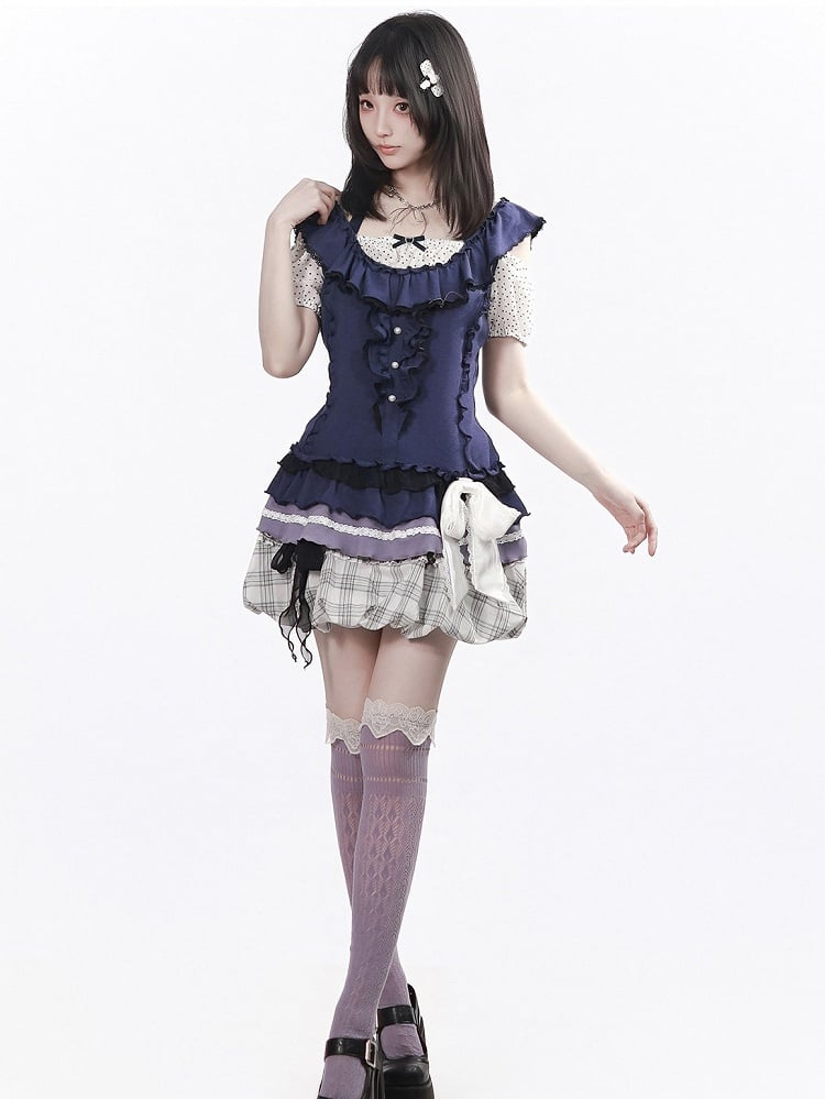 White Plaid Bubble Skirt with Black Bow - PINK SAVIOR