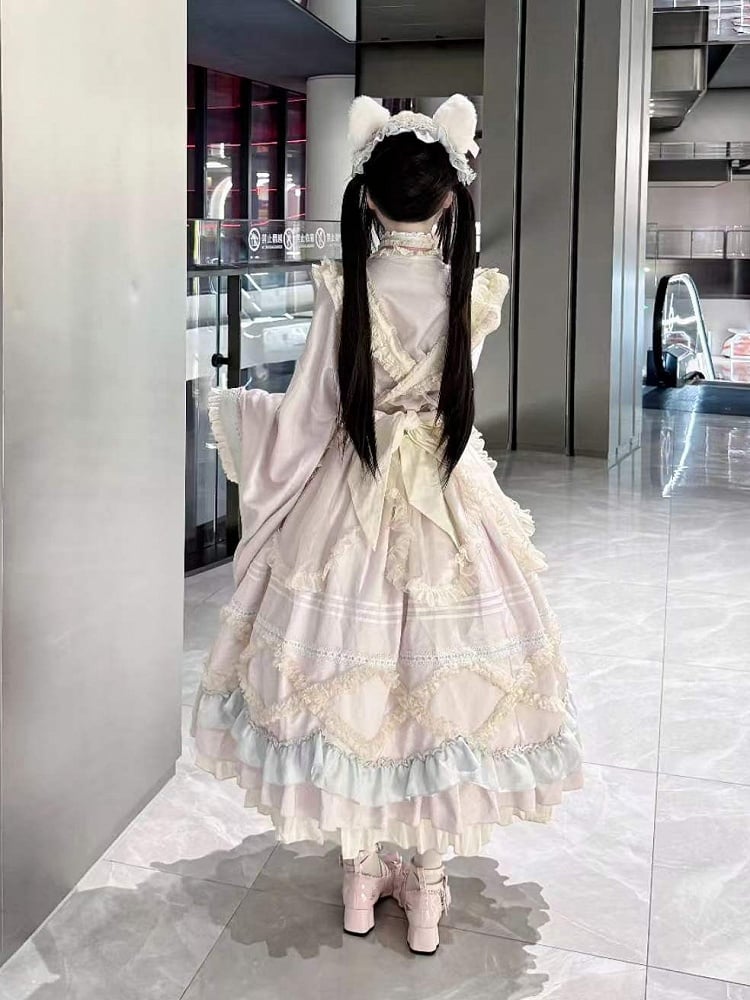 Hanfu-Inspired Lolita Top Set with Long Ruffle Skirt & Apron in Pink Blue - Berry Story Lolita