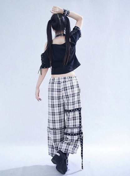 Off-White Plaid Pants with Detachable Legs & Chain Details - Tribuo Flos