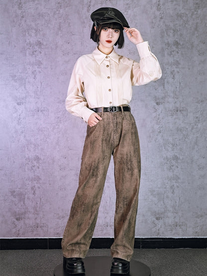 Detachable Leaf - Print Bow Tie Apricot Shirt Set