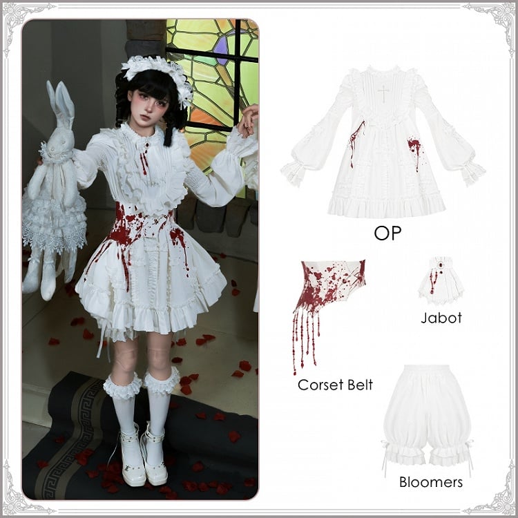 Kurzes Korsett Brosche OP Version Gürtel Gothic Set Pumphose Weiß + Lolita Jabot - Asymmetrisch