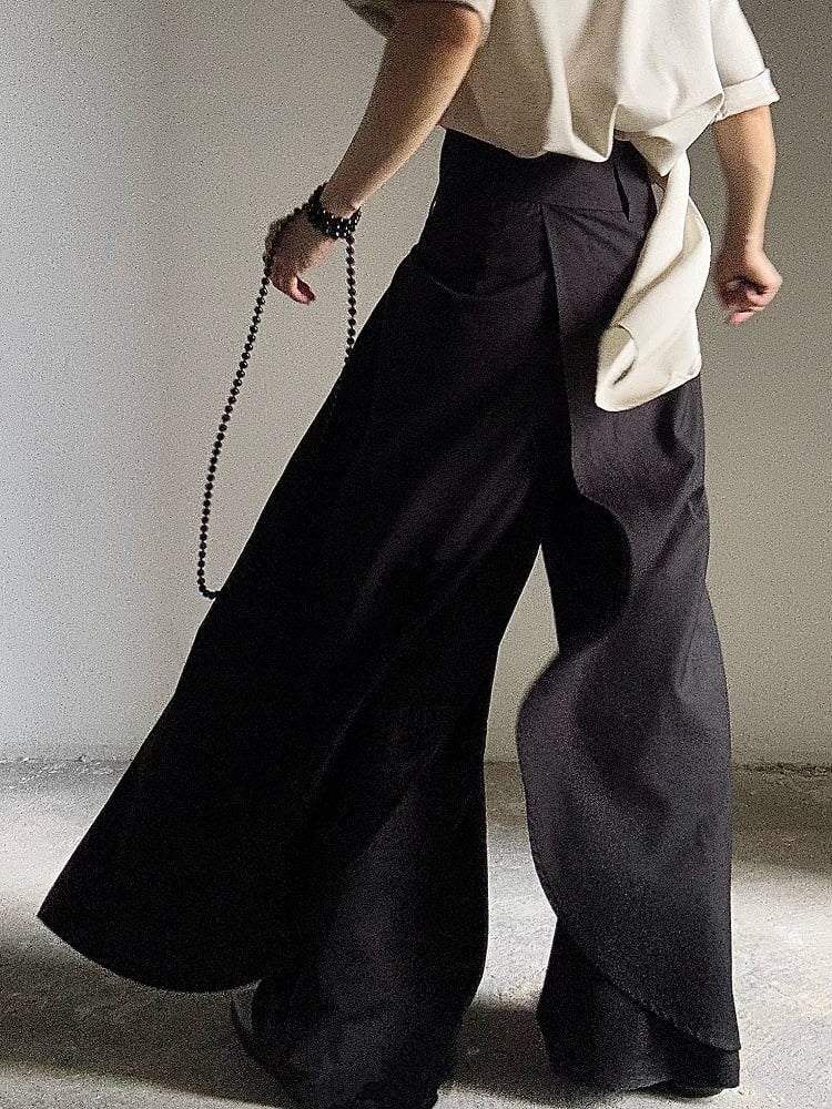 Lolita Buttoned Wide-Leg Panels Ouji with Cincher High-Waisted Draped Pants Black