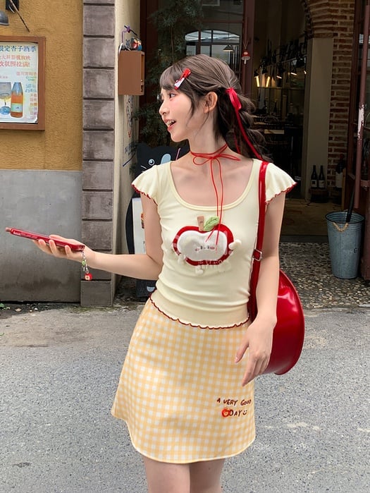 ホワイトハイウエストレタープリントイエロー＆チェック柄スカート