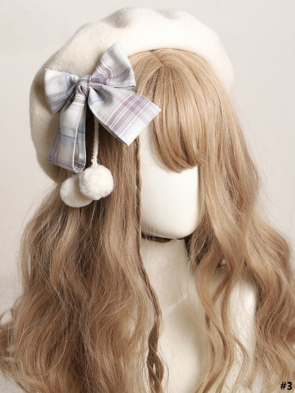 14 Color Options Plaid Bow Beret with Pom-Pom Accents
