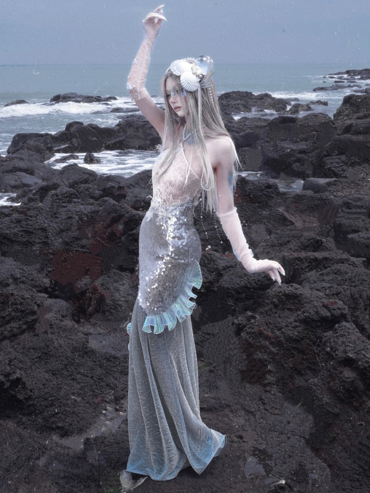 スパンコールマーメイドフェアリーボディコンドレスゴスシャイニングビーズバケーションホルターネック