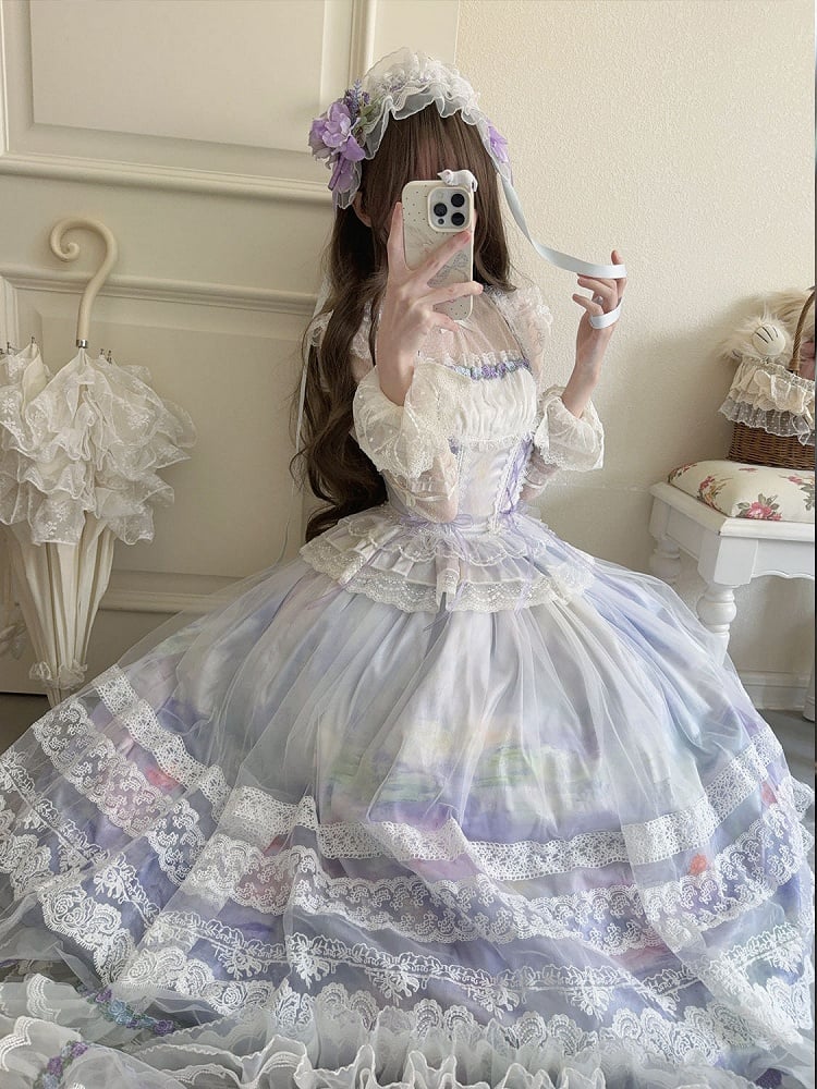 Drucken Lolita Öl Taille + Rock Overlay Top Malerei Entbeint Helle Klassische Lila Baske