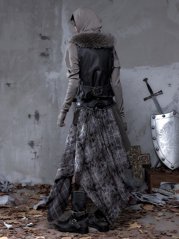 Asymmetrical Rock Front Ties with Vintage PU Hemline Knotted Punk Black Waistband Triangular Skirt Plaid