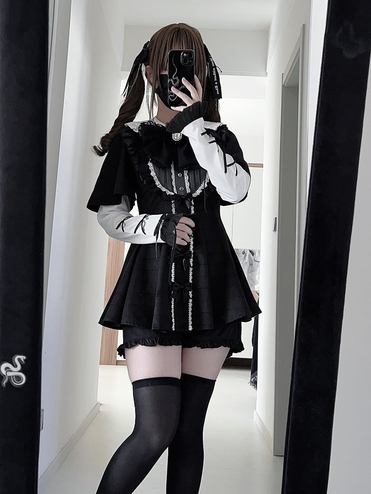 Tie Dress Detachable Jirai Full Sleeves Set + Bow Kei Short-Sleeve Black Plaid Matching Shorts