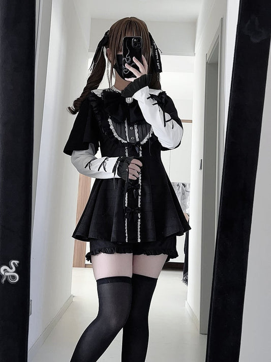 Tie Dress Detachable Jirai Full Sleeves Set + Bow Kei Short-Sleeve Black Plaid Matching Shorts