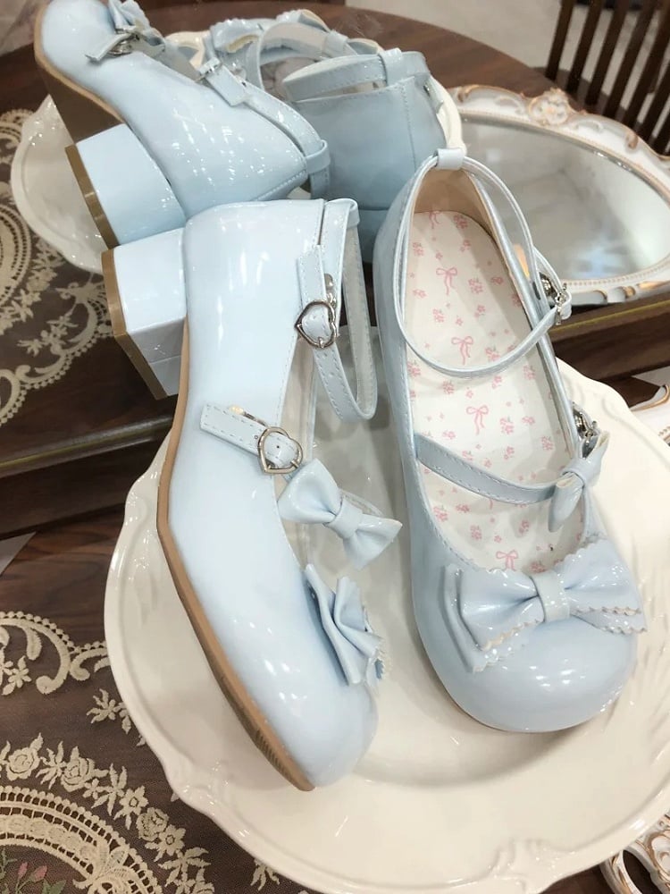 Bow Blue Accents Sweet Low-heel/Mid-heel Janes Mary Lolita PU