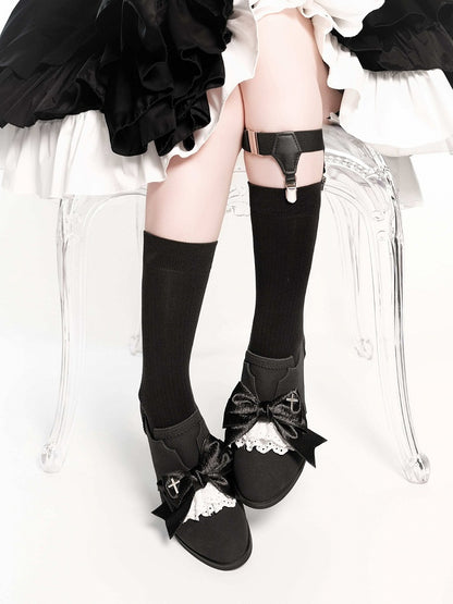 Black Velvet Gothic Bowknot High Heels Cross Lace - EvilStar
