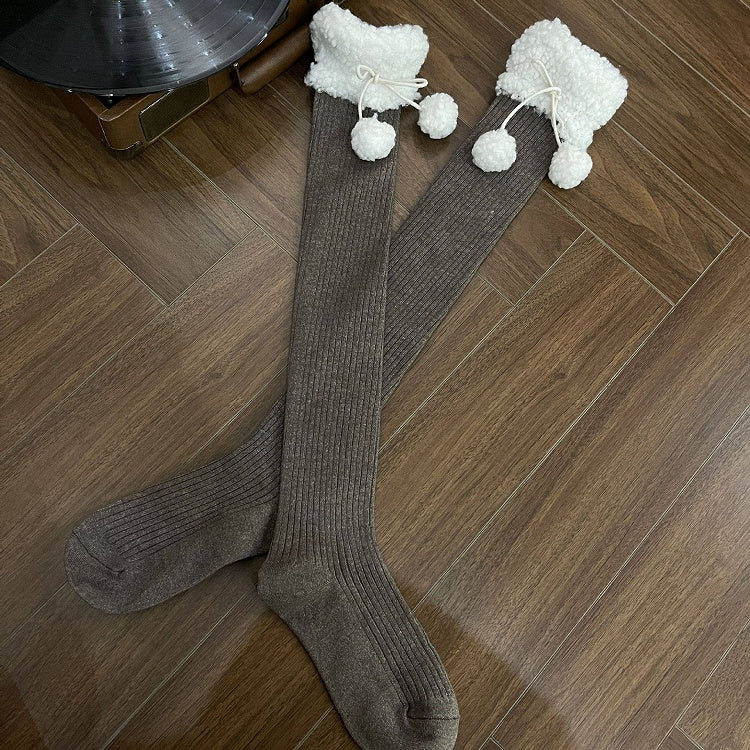 Stockings Ribbed with Pom-Poms Sherpa 5-Color Cuff
