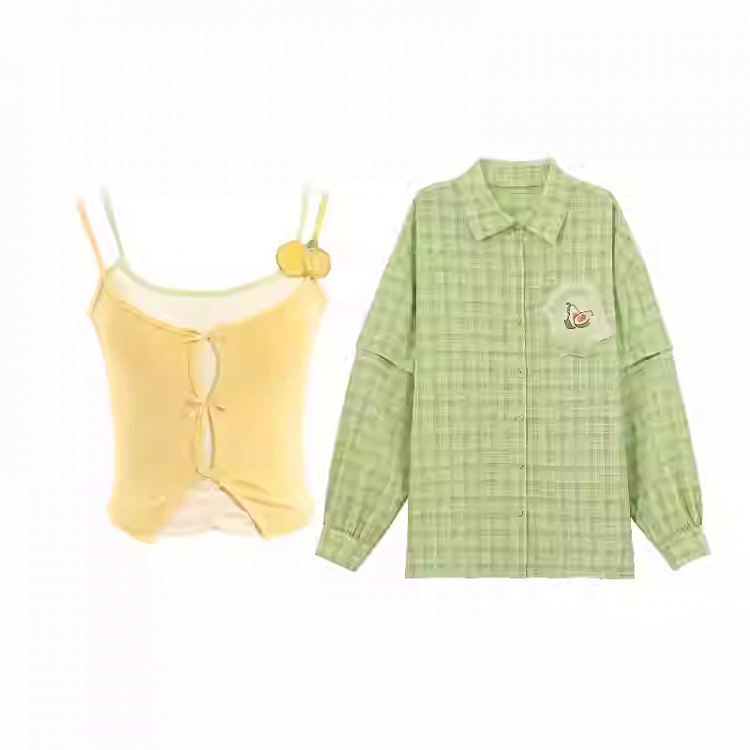 イエローのフェイクツーピースキャミソールトップスとグリーンのチェックシャツセット