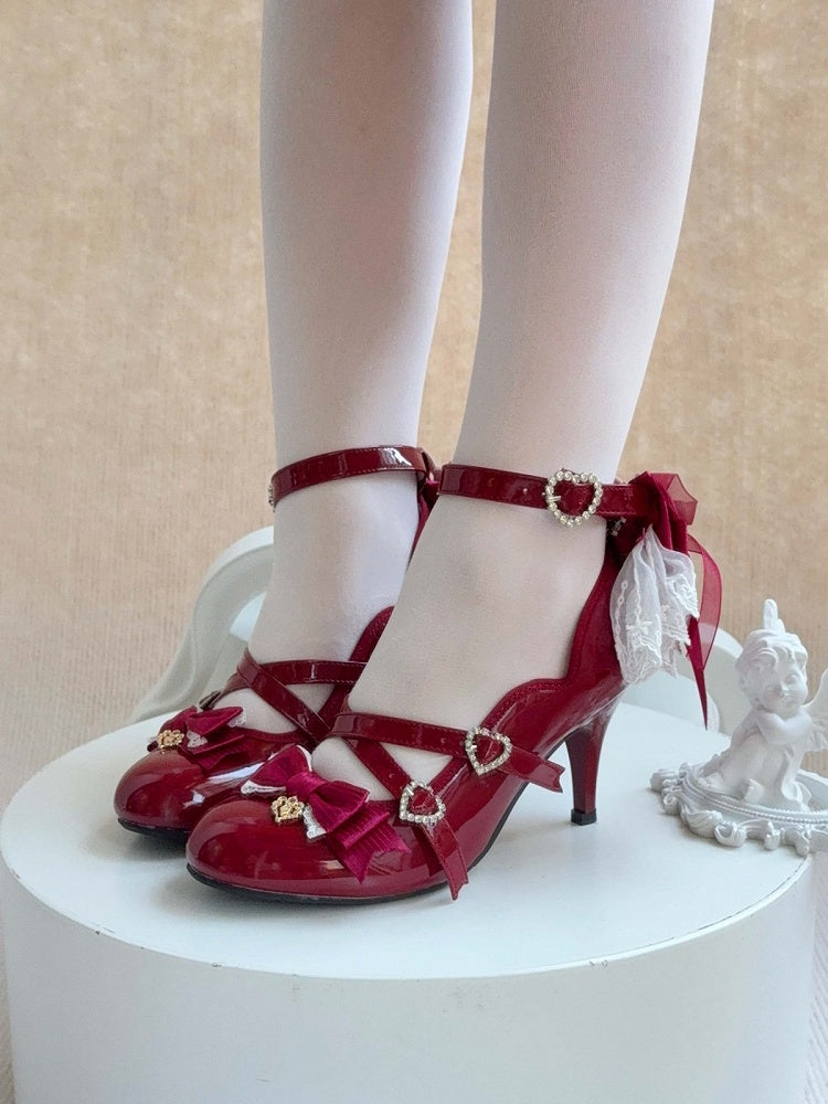 Wine Red Strawberry Embroidered 9cm Heels with Bow - Cheese Mango