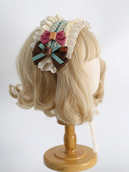 Decorated Hairband Ruffled Lolita Cookie Sweet Details Bowknot Beige