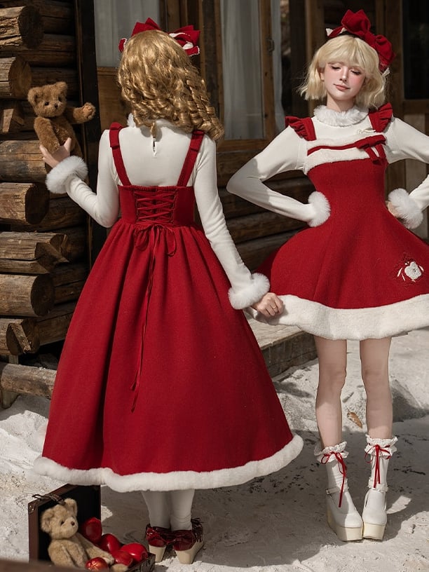 Red Boned Winter Embroidery Plush Apple and Dress Waist Hemline Under with Lolita Bust