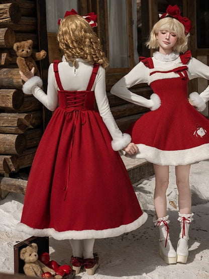 Red Boned Winter Embroidery Plush Apple and Dress Waist Hemline Under with Lolita Bust