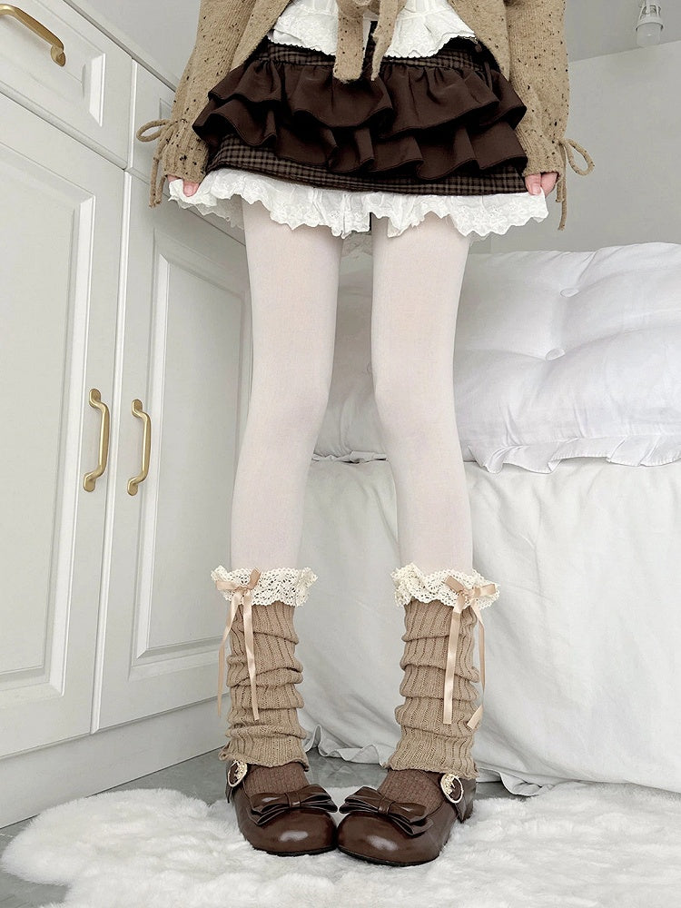 Ribbed Style) Light with Leg Ruffled Lace Accents (Elegant Warmers Satin Sweet Brown Bow