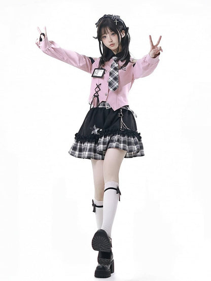 Top: with Idol Bittersweet Open Buckles Star Shirt Pink Punk Shoulder Core Fashion