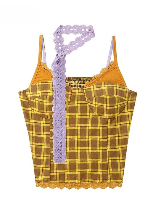 スカーフキャミトップパープルチェック柄Y2Kイエロー