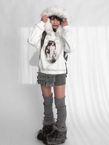 Hooded Detachable Girl Cartoon Print Trim Sweatshirt Hood Kawaii - Daily with Plush Letter