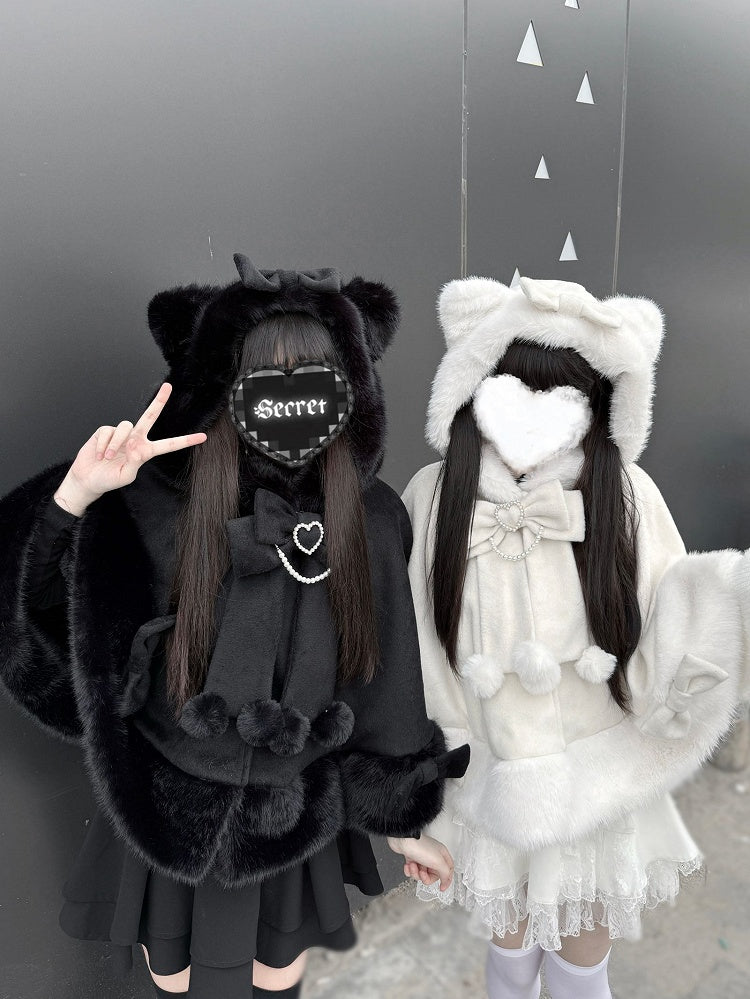 Jirai Cape Kei with Hood Coat - Kitty-Ears Plush Wool Essential Black Fall/Winter