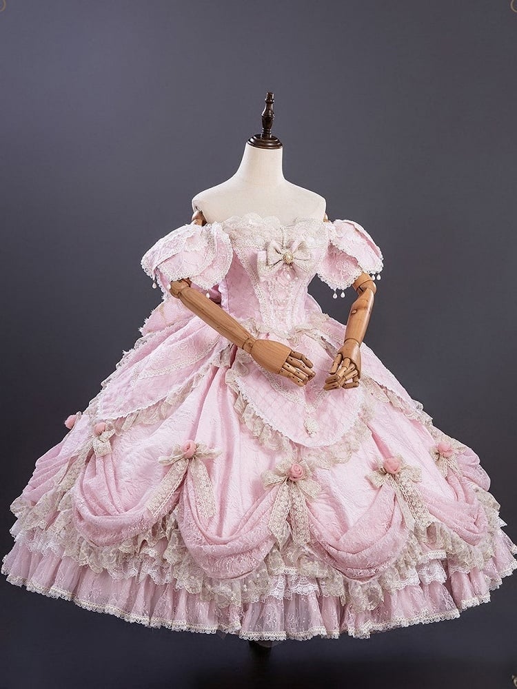 Version Details Ruffles Hanayome Pink Short with and Layered Hime Gown Bow Lace Lolita Off-Shoulder