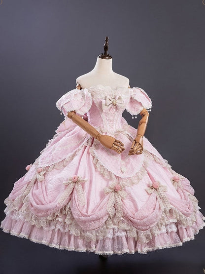 Version Details Ruffles Hanayome Pink Short with and Layered Hime Gown Bow Lace Lolita Off-Shoulder