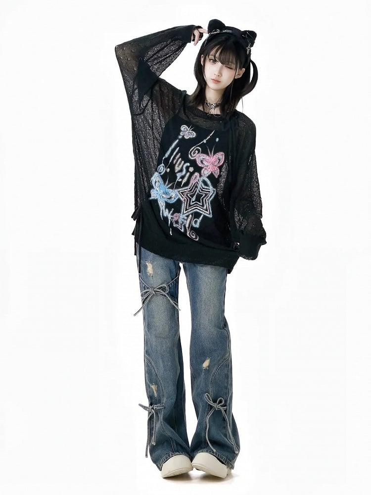 Jeans mit Schleifenakzenten, Schlaghose, Blau, verblasste Waschung, Distressed-Löcher, leicht