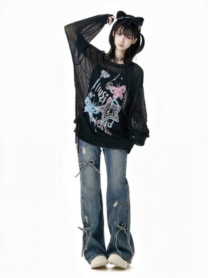 Jeans mit Schleifenakzenten, Schlaghose, Blau, verblasste Waschung, Distressed-Löcher, leicht