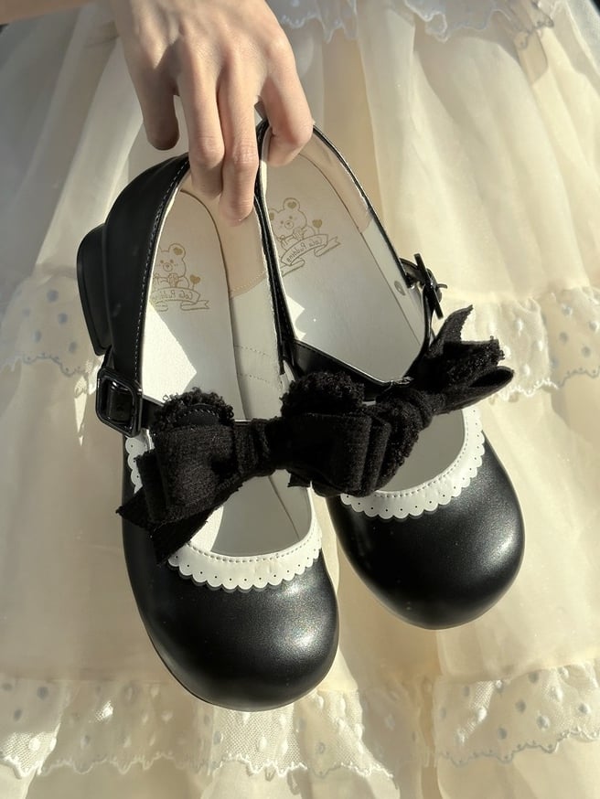 Black Jane Bear in 3cm/5cm Details Mary Lolita Detachable Sweet Scalloped Delicate Bow Ear Shoes