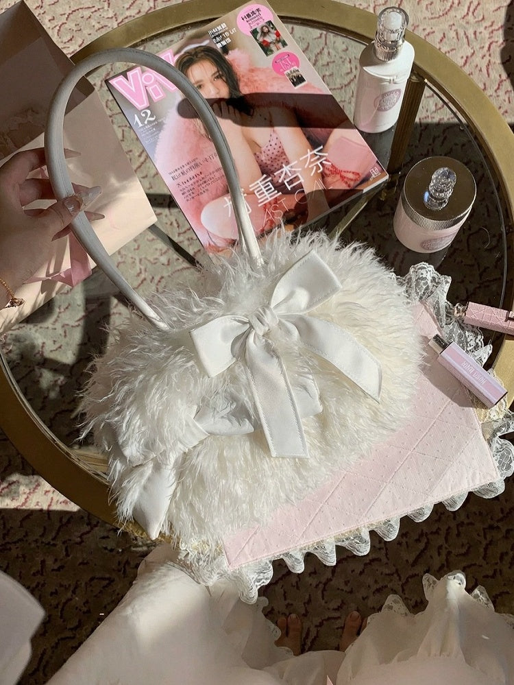 Elegant White Fluffy Bowknot Shoulder Bag - Lalacita